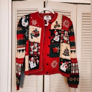 Vintage Tiara Petites Women's PL Festive Christmas Holiday Red Cardigan Sweater